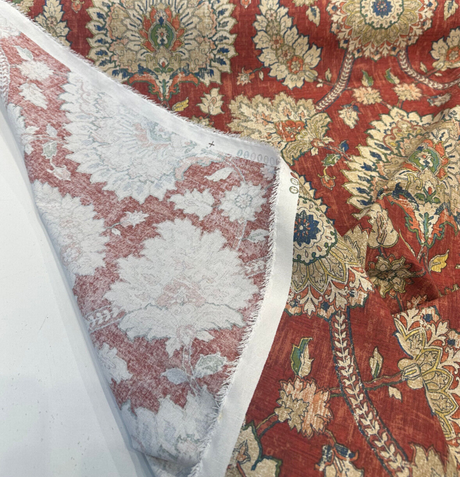 Waverly Castleford Garnet 100 Percent Cotton Fabric - Damask Print, Red Yellow Beige Blue, 54" Width (By The Yard)