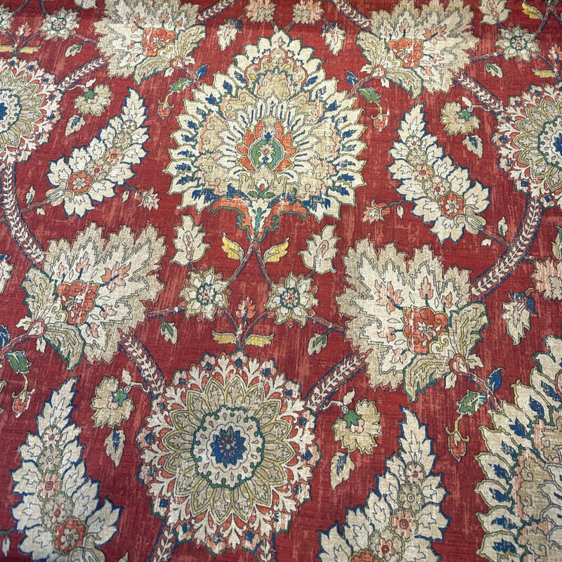 Waverly Castleford Garnet 100 Percent Cotton Fabric - Damask Print, Red Yellow Beige Blue, 54" Width (By The Yard)