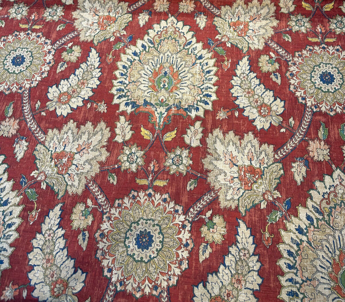 Waverly Castleford Garnet 100 Percent Cotton Fabric - Damask Print, Red Yellow Beige Blue, 54" Width (By The Yard)