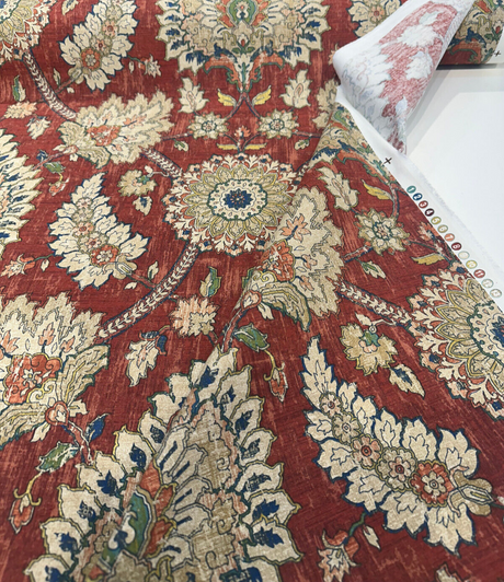 Waverly Castleford Garnet 100 Percent Cotton Fabric - Damask Print, Red Yellow Beige Blue, 54" Width (By The Yard)