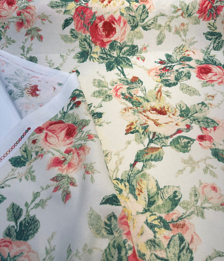Apple Hill Blossom Cotton Linen Blend Fabric - Floral Print, Light Beach Sand Background, 54" Width (By The Yard)