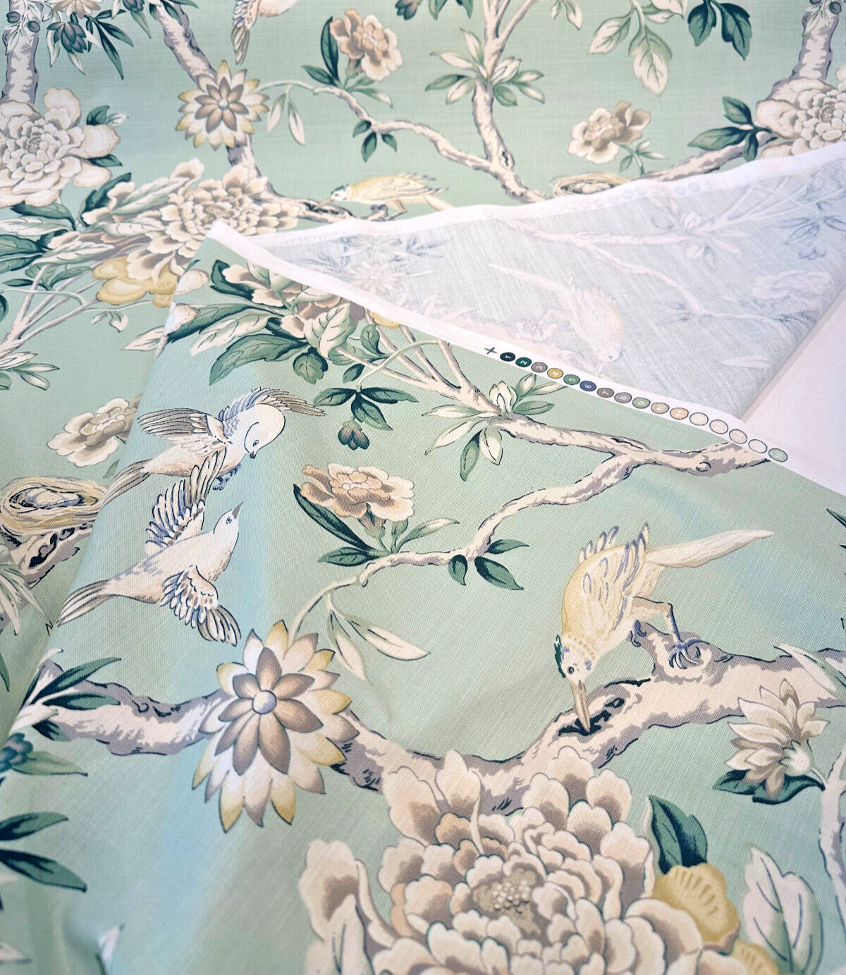 Waverly Mudan Jelep Green Cotton Fabric - Floral Birds, Jelep Green, 54" Width (1 Yard)