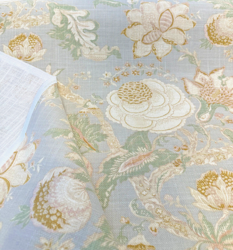 Hazel Endive Floral Cotton Linen Fabric - Endive Green, Gold, Cream Floral Botanical Pattern, 54" Width (1 Yard)