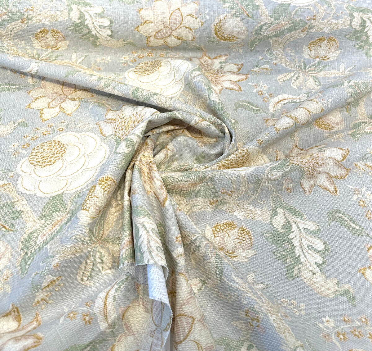 Hazel Endive Floral Cotton Linen Fabric - Endive Green, Gold, Cream Floral Botanical Pattern, 54" Width (1 Yard)