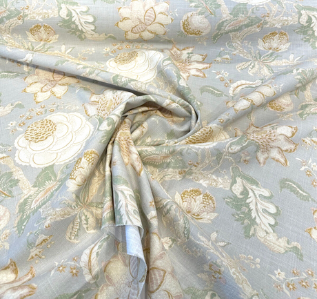 Hazel Endive Floral Cotton Linen Fabric - Endive Green, Gold, Cream Floral Botanical Pattern, 54" Width (1 Yard)