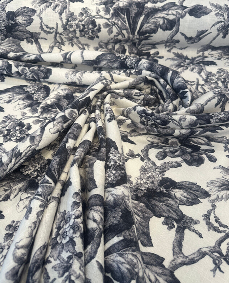 Southern Belle Linen Rayon Fabric - Black Cinder Floral Vine Print, 54" Width (By The Yard)