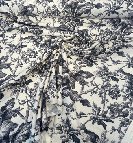 Southern Belle Linen Rayon Fabric - Black Cinder Floral Vine Print, 54" Width (By The Yard)