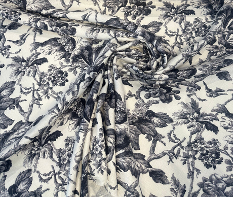 Southern Belle Linen Rayon Fabric - Black Cinder Floral Vine Print, 54" Width (By The Yard)