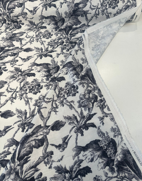 Southern Belle Linen Rayon Fabric - Black Cinder Floral Vine Print, 54" Width (By The Yard)