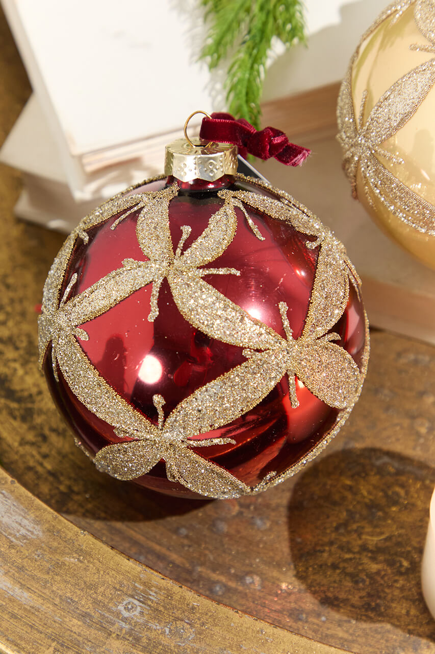 4” Gold & Burgundy Ball Glass Ornament