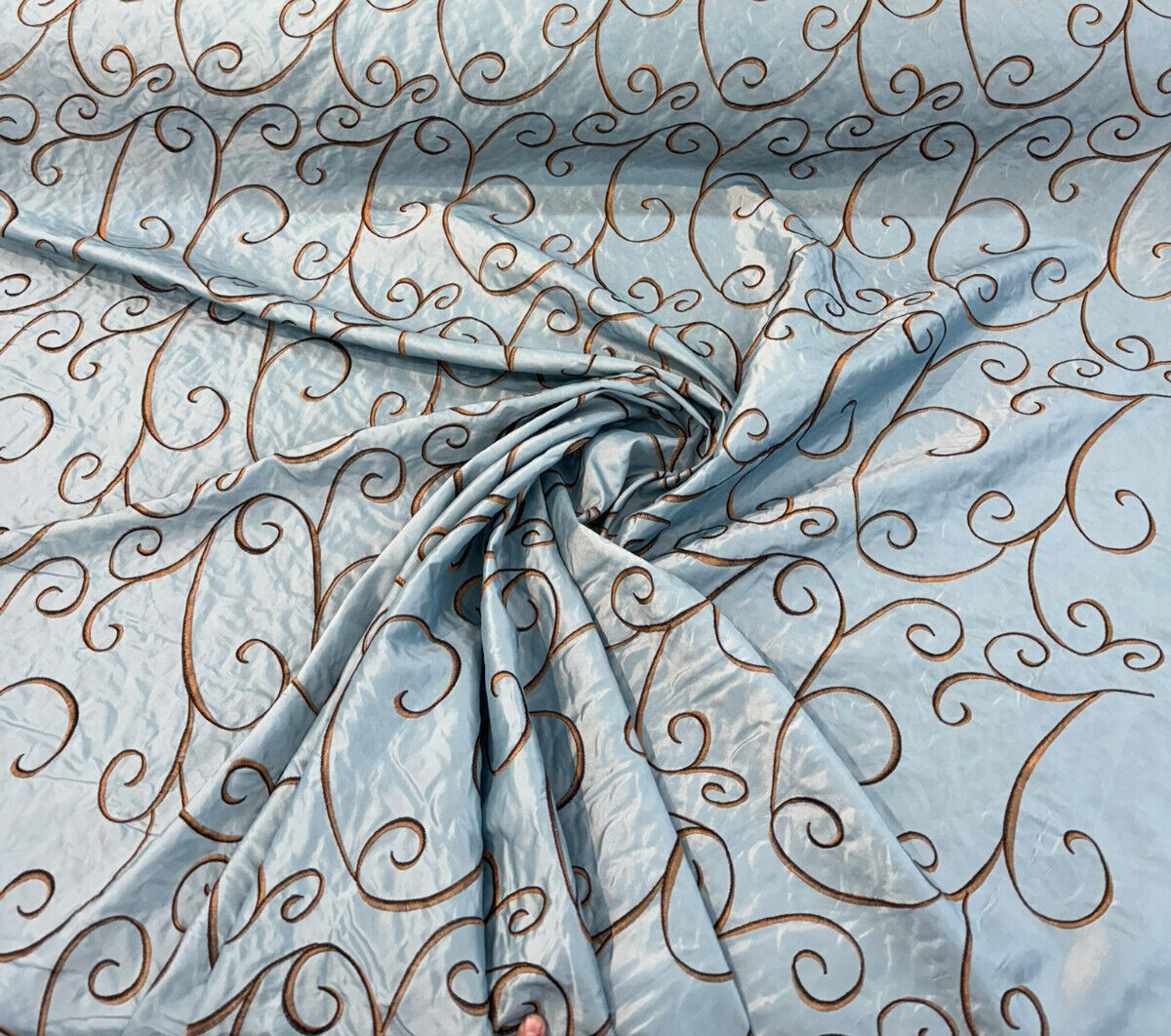 Swirls Chateau Blue Brown Embroidered Slub Faux Silk Fabric - Chateau Blue/Brown Embroidered Swirls, 54" Width (1 Yard)