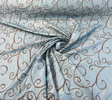 Swirls Chateau Blue Brown Embroidered Slub Faux Silk Fabric - Chateau Blue/Brown Embroidered Swirls, 54" Width (1 Yard)