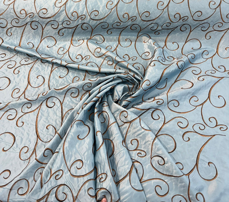 Swirls Chateau Blue Brown Embroidered Slub Faux Silk Fabric - Chateau Blue/Brown Embroidered Swirls, 54" Width (1 Yard)