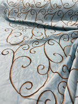 Swirls Chateau Blue Brown Embroidered Slub Faux Silk Fabric - Chateau Blue/Brown Embroidered Swirls, 54" Width (1 Yard)