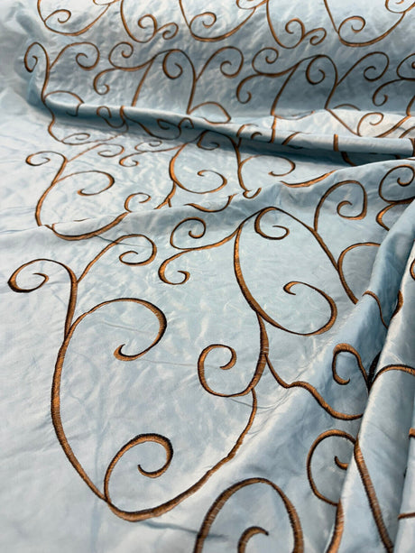 Swirls Chateau Blue Brown Embroidered Slub Faux Silk Fabric - Chateau Blue/Brown Embroidered Swirls, 54" Width (1 Yard)