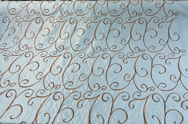 Swirls Chateau Blue Brown Embroidered Slub Faux Silk Fabric - Chateau Blue/Brown Embroidered Swirls, 54" Width (1 Yard)