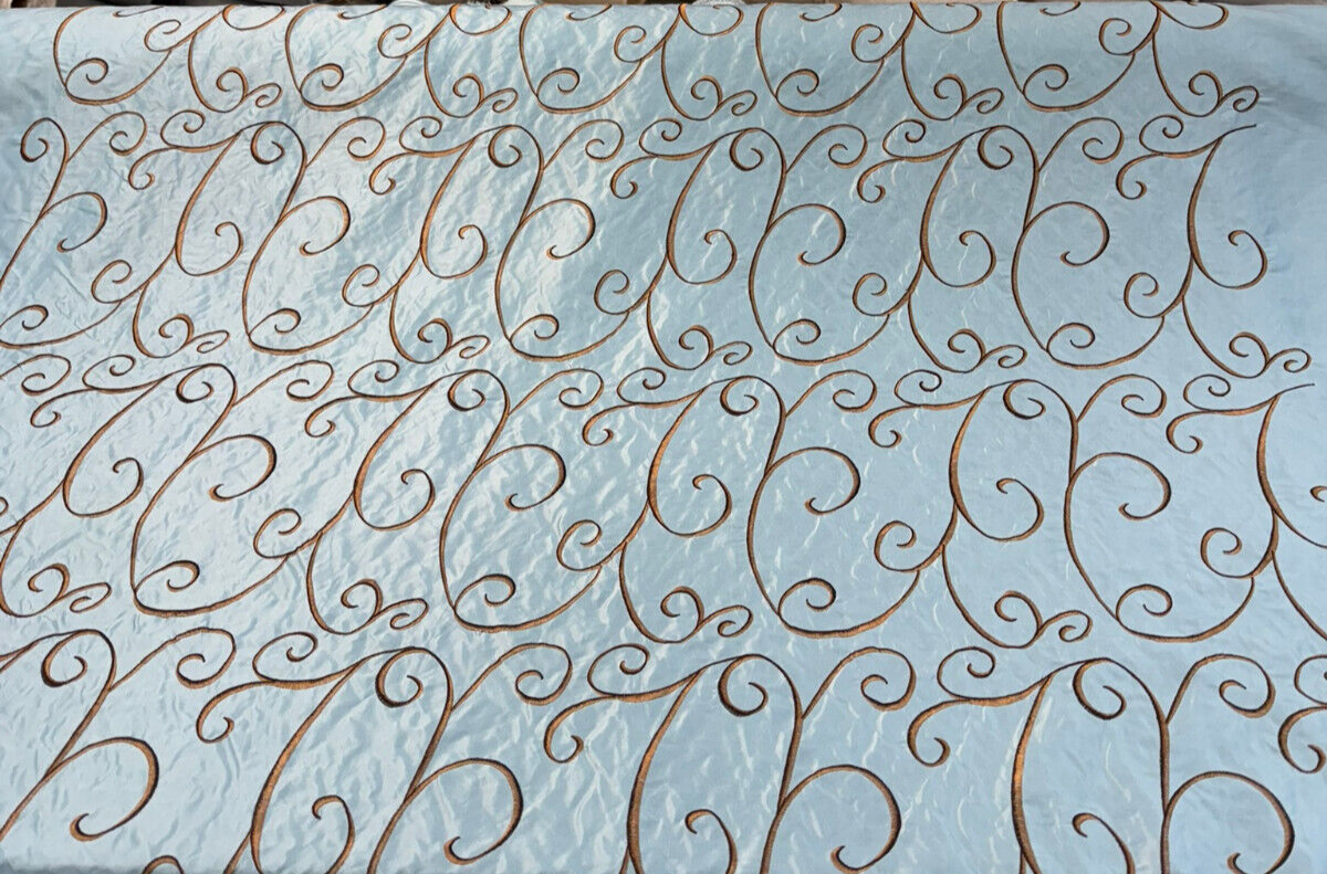 Swirls Chateau Blue Brown Embroidered Slub Faux Silk Fabric - Chateau Blue/Brown Embroidered Swirls, 54" Width (1 Yard)