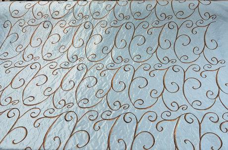 Swirls Chateau Blue Brown Embroidered Slub Faux Silk Fabric - Chateau Blue/Brown Embroidered Swirls, 54" Width (1 Yard)
