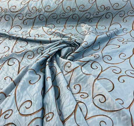 Swirls Chateau Blue Brown Embroidered Slub Faux Silk Fabric - Chateau Blue/Brown Embroidered Swirls, 54" Width (1 Yard)