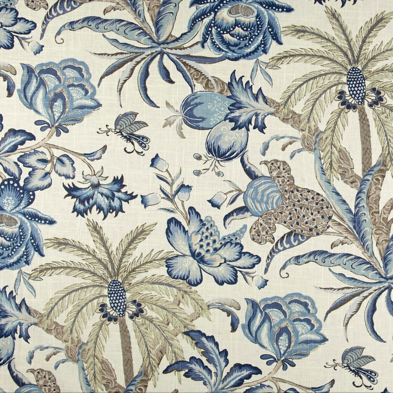 Waverly Exotic Curiosity Linen Fabric - Porcelain Tropical Palm Trees, Flowers, Foliage, 54" Width (1 Yard)