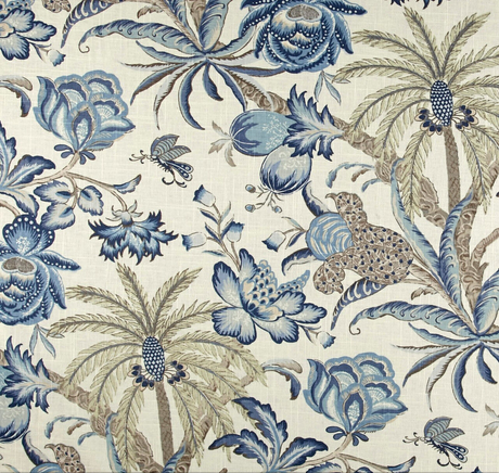 Waverly Exotic Curiosity Linen Fabric - Porcelain Tropical Palm Trees, Flowers, Foliage, 54" Width (1 Yard)