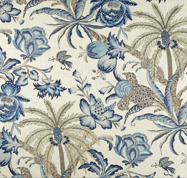 Waverly Exotic Curiosity Linen Fabric - Porcelain Tropical Palm Trees, Flowers, Foliage, 54" Width (1 Yard)