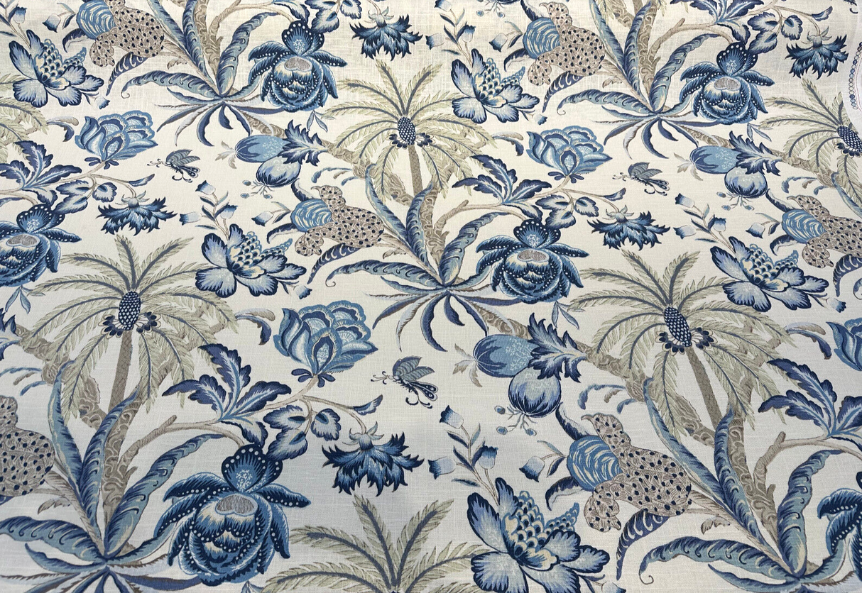 Waverly Exotic Curiosity Linen Fabric - Porcelain Tropical Palm Trees, Flowers, Foliage, 54" Width (1 Yard)