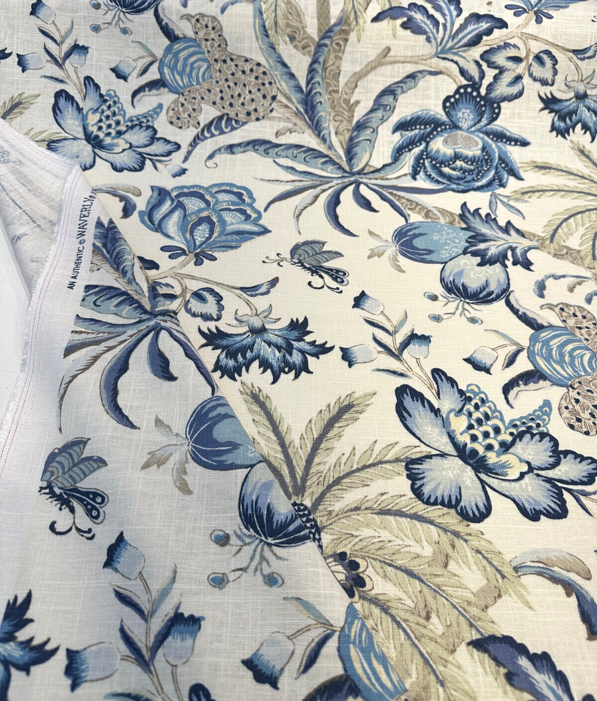 Waverly Exotic Curiosity Linen Fabric - Porcelain Tropical Palm Trees, Flowers, Foliage, 54" Width (1 Yard)