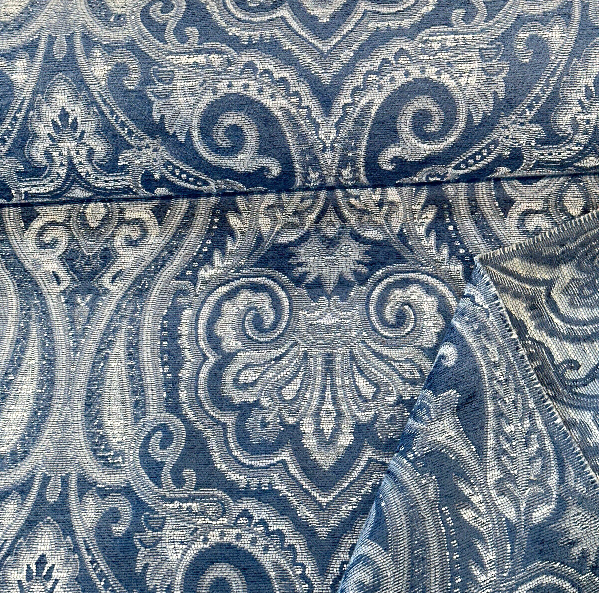 Waverly Clubroom Paisley Damask Prussian Chenille Upholstery Fabric - Prussian Blue Paisley Damask, 54" Width (1 Yard)
