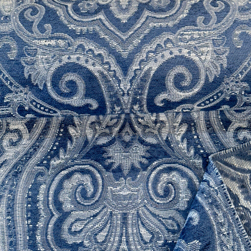 Waverly Clubroom Paisley Damask Prussian Chenille Upholstery Fabric - Prussian Blue Paisley Damask, 54" Width (1 Yard)