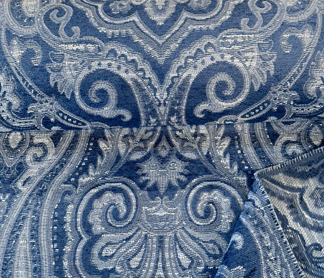 Waverly Clubroom Paisley Damask Prussian Chenille Upholstery Fabric - Prussian Blue Paisley Damask, 54" Width (1 Yard)