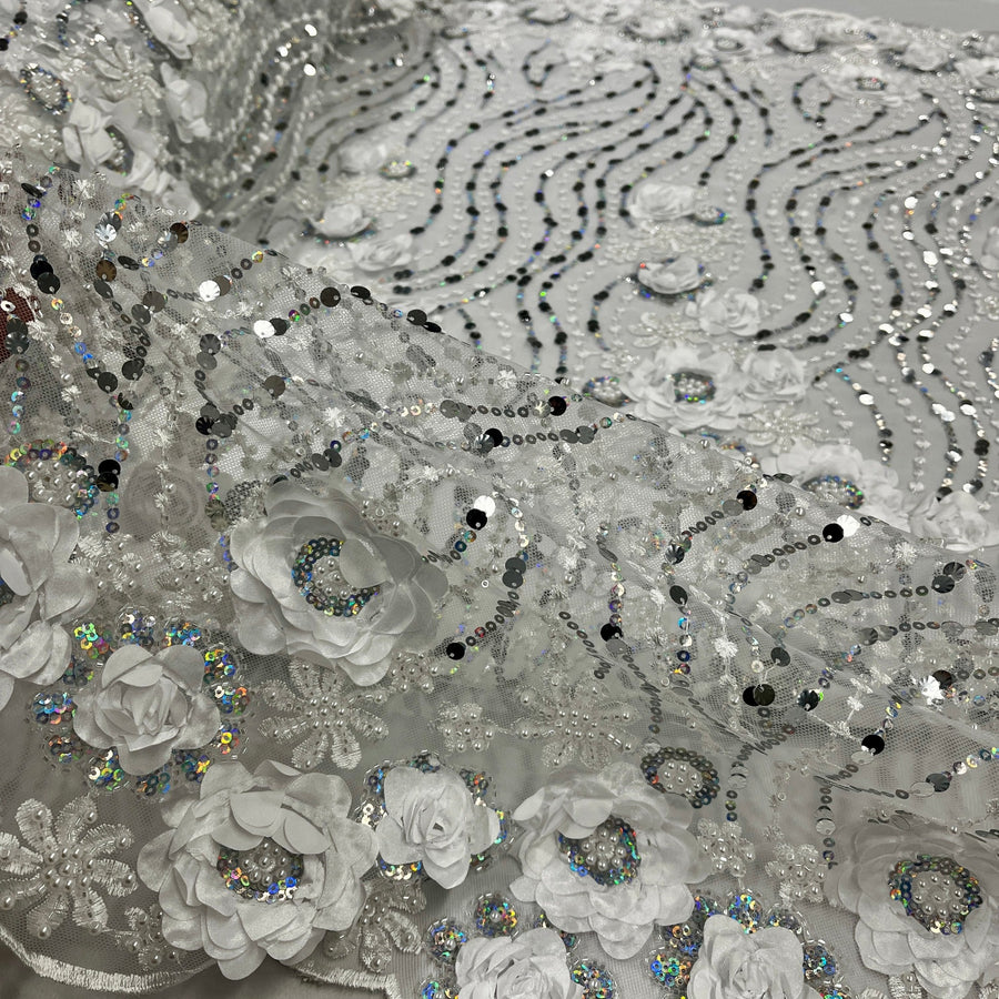 1 Yard Beaded and Sequined 3D Floral Sparkling Lace Fabric White