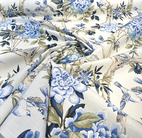 Waverly Mudan Cotton Fabric - Porcelain Blue Floral Birds, 54" Width (By The Yard)