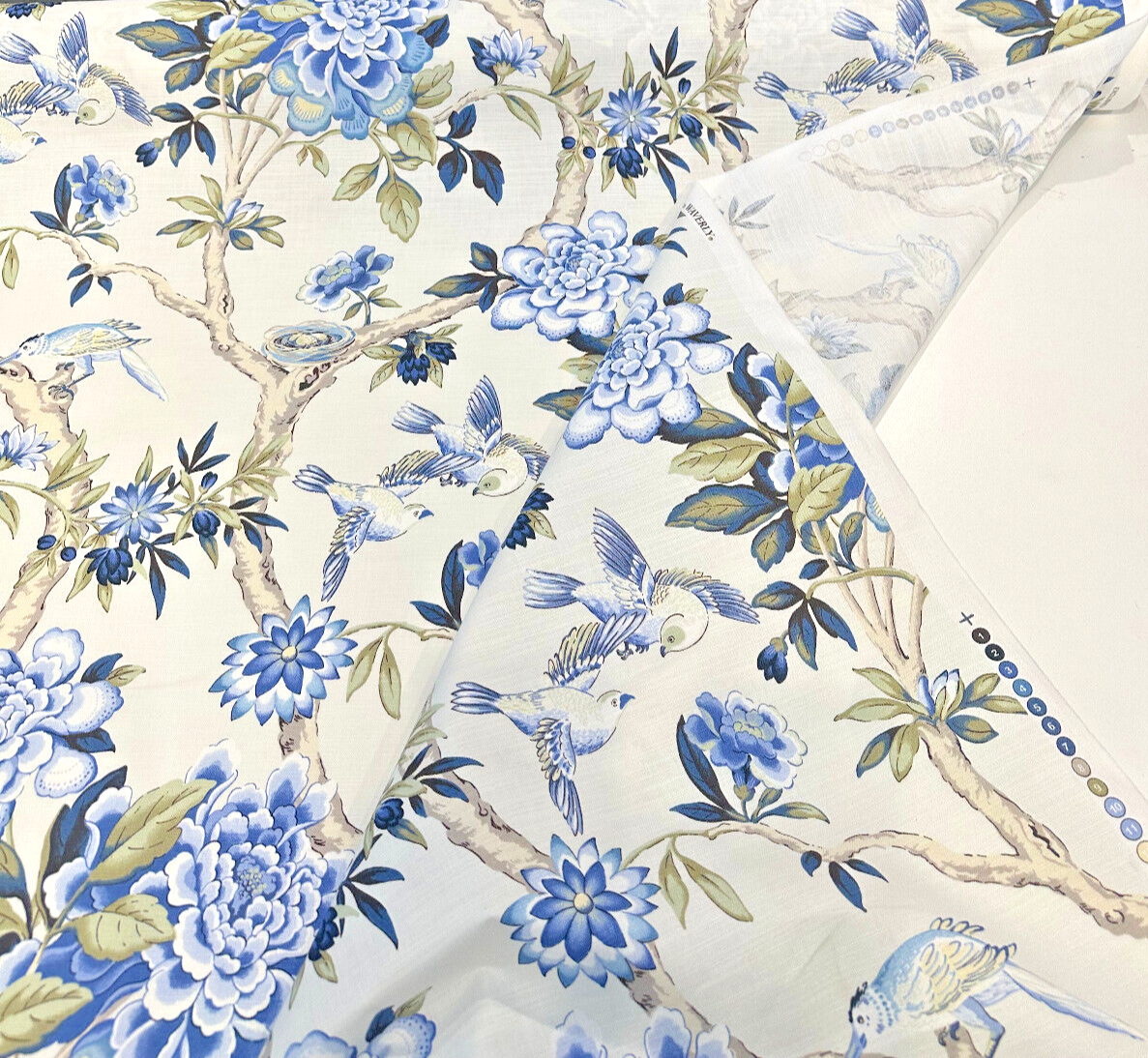 Waverly Mudan Cotton Fabric - Porcelain Blue Floral Birds, 54" Width (By The Yard)