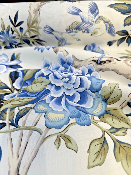 Waverly Mudan Cotton Fabric - Porcelain Blue Floral Birds, 54" Width (By The Yard)