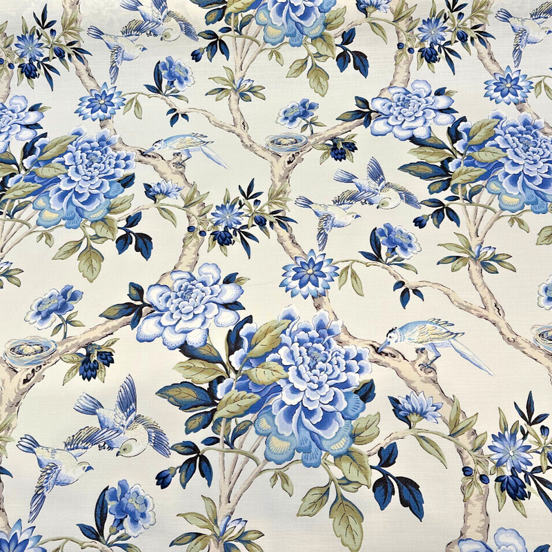 Waverly Mudan Cotton Fabric - Porcelain Blue Floral Birds, 54" Width (By The Yard)