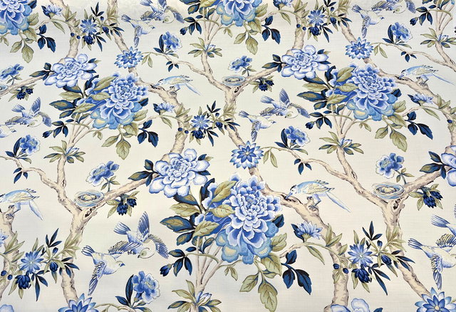 Waverly Mudan Cotton Fabric - Porcelain Blue Floral Birds, 54" Width (By The Yard)