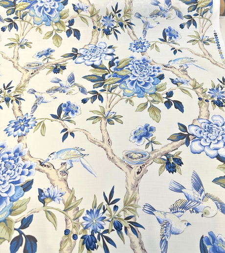 Waverly Mudan Cotton Fabric - Porcelain Blue Floral Birds, 54" Width (By The Yard)