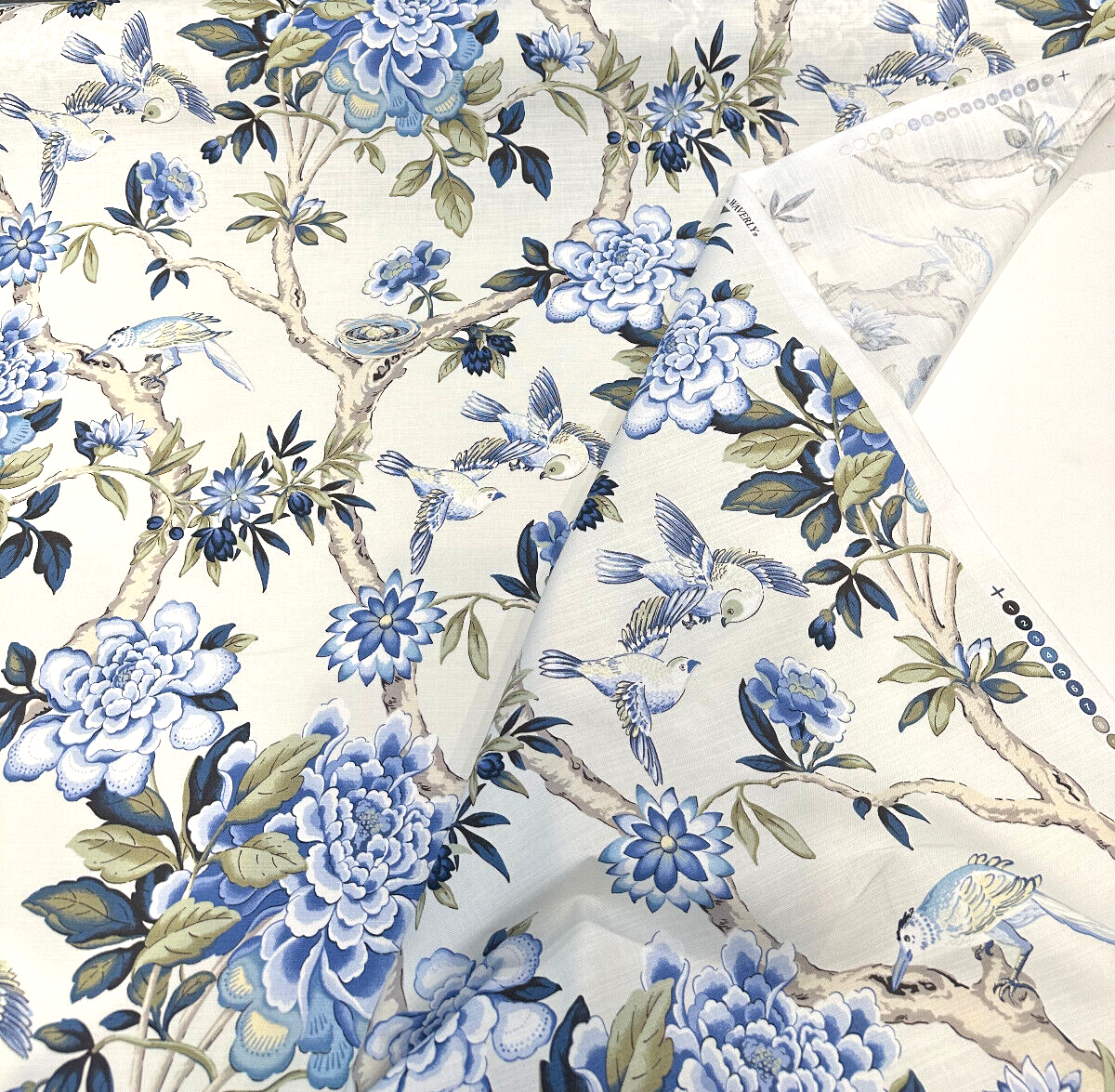 Waverly Mudan Cotton Fabric - Porcelain Blue Floral Birds, 54" Width (By The Yard)