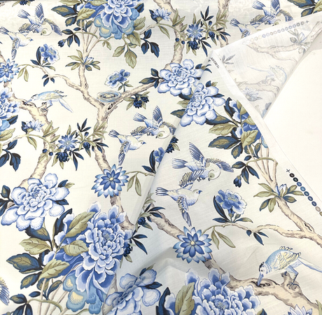 Waverly Mudan Cotton Fabric - Porcelain Blue Floral Birds, 54" Width (By The Yard)
