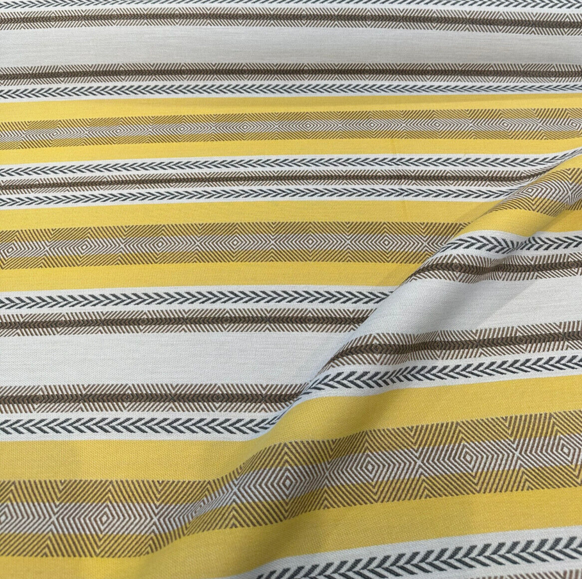Sunbrella Pindler Mojave Twill Desert Solution Dyed Acrylic Fabric - Yellow, Brown, White Striped Geometric Pattern, 54" Width (1 Yard)