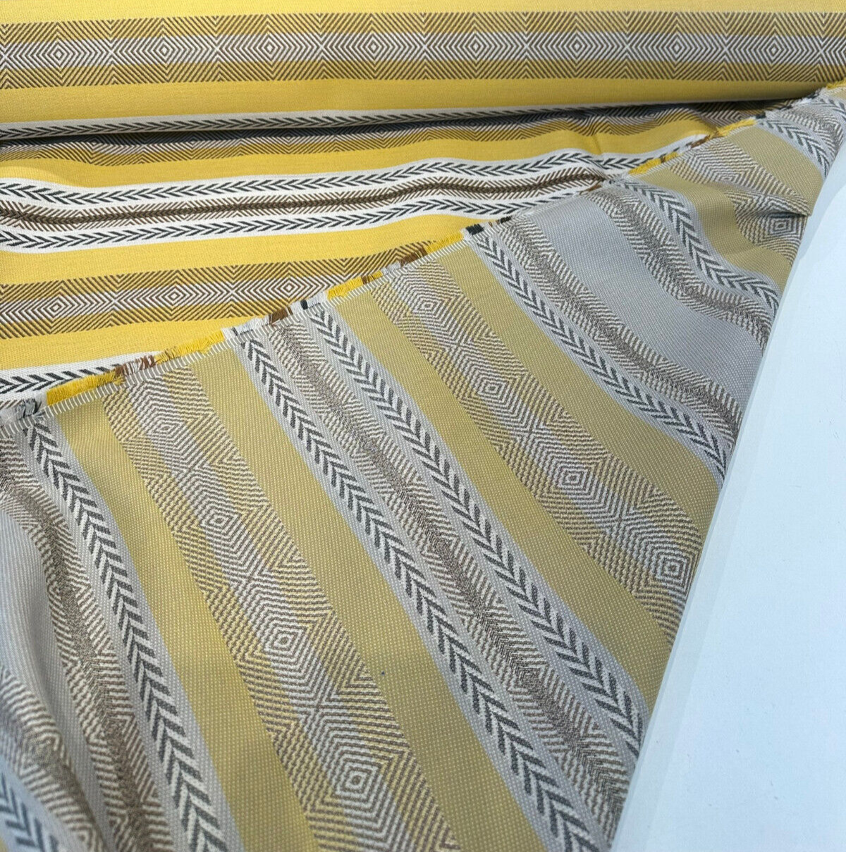 Sunbrella Pindler Mojave Twill Desert Solution Dyed Acrylic Fabric - Yellow, Brown, White Striped Geometric Pattern, 54" Width (1 Yard)