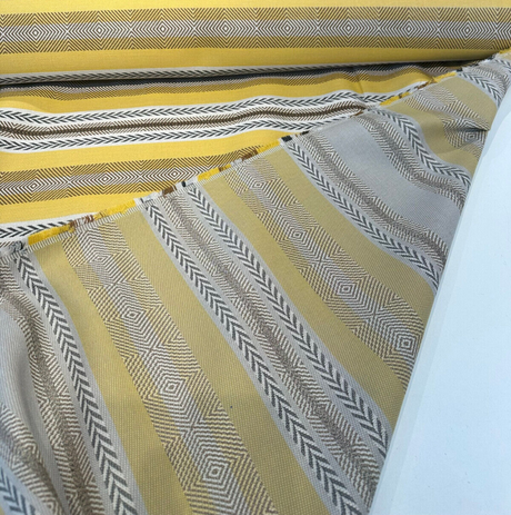 Sunbrella Pindler Mojave Twill Desert Solution Dyed Acrylic Fabric - Yellow, Brown, White Striped Geometric Pattern, 54" Width (1 Yard)