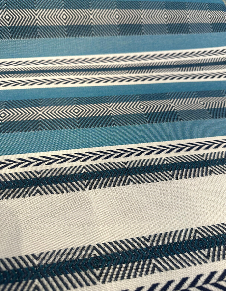 Sunbrella Pindler Mojave Twill Solution Dyed Acrylic Fabric - Turquoise, Brown, White Striped Geometric, 54" Width (1 Yard)