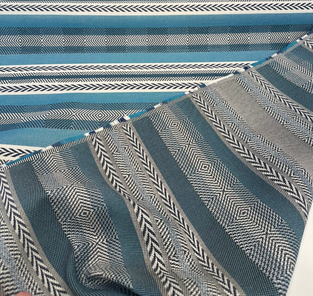 Sunbrella Pindler Mojave Twill Solution Dyed Acrylic Fabric - Turquoise, Brown, White Striped Geometric, 54" Width (1 Yard)