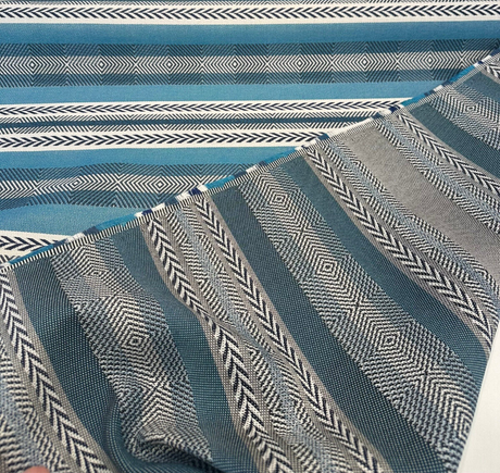 Sunbrella Pindler Mojave Twill Solution Dyed Acrylic Fabric - Turquoise, Brown, White Striped Geometric, 54" Width (1 Yard)