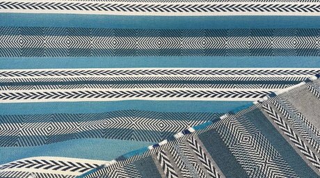 Sunbrella Pindler Mojave Twill Solution Dyed Acrylic Fabric - Turquoise, Brown, White Striped Geometric, 54" Width (1 Yard)