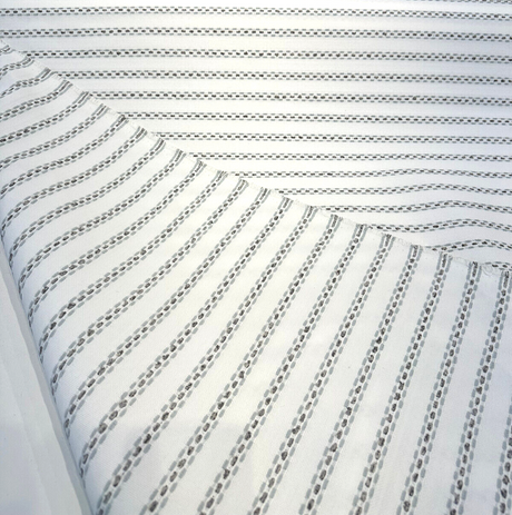 Sunbrella Stitchy Stripe Spa Solution Dyed Acrylic Fabric - Blue And Gray Stripes On White Off-White Background, 54" Width (1 Yard)