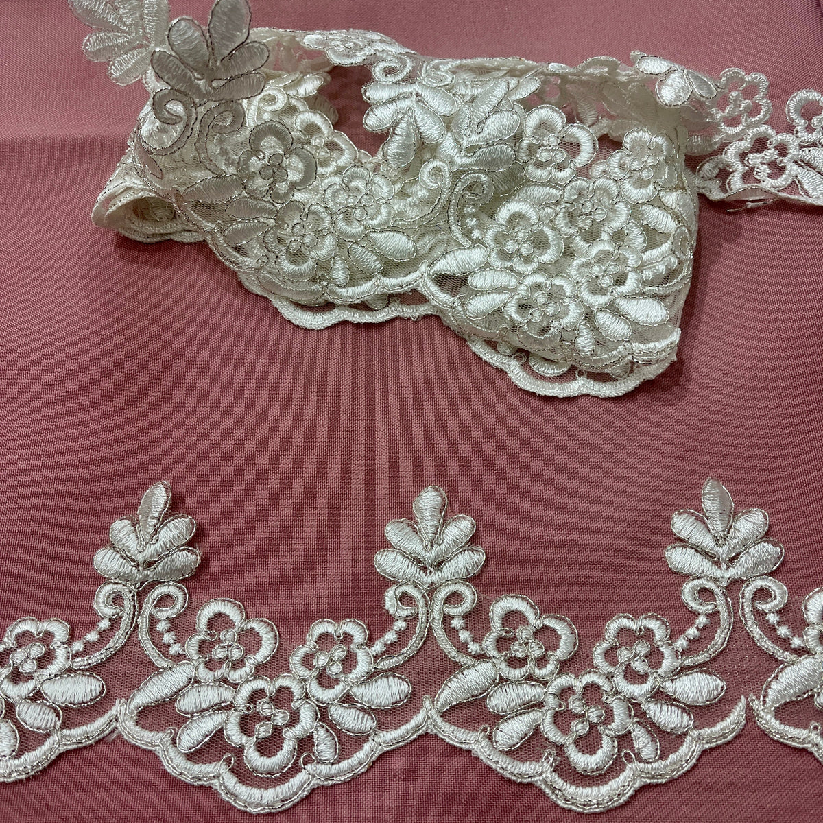 1 Yard Corded Lace Trimming Embroidered on 100% Polyester Net Mesh 3" Wide
