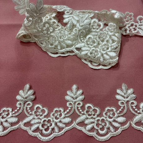 1 Yard Corded Lace Trimming Embroidered on 100% Polyester Net Mesh 3" Wide